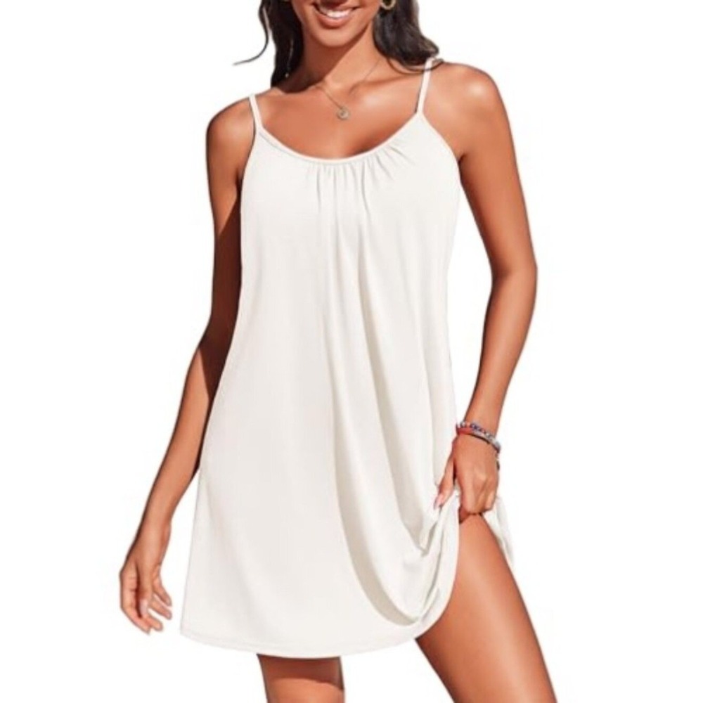 AIMAGE Sz XL White Pullover Swim Cover Up Short Dress Spaghetti Strap
